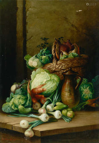 A bounty of garden vegetables in a basket and on a table with a jug 42 x 29 3/4in (106.8 x 75.7cm) Pál(Paul) Böhm (Hungarian, 1839-1905)