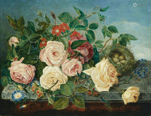 Roses and wild flowers with a bird's nest on a ledge 14 x 18in (35.6 x 45.8 cm) Attributed to Emily Stannard(British, 1875-1907)