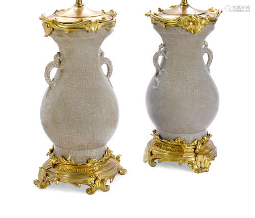 A pair of Chinese crackle glaze celadon gilt bronze mounted vases