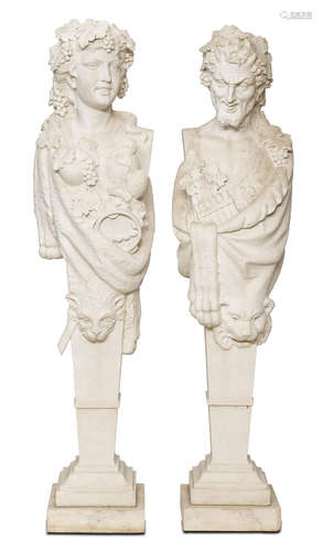 A pair of carved marble terms of Pan and a Nymph