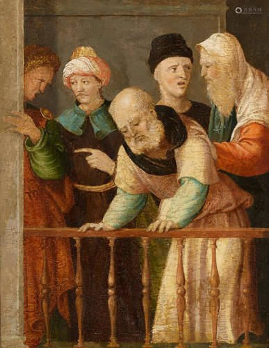 Figures in conversation on a balcony 11 3/4 x 9 1/8in (29.9 x 23.2cm) Italian School16th Century