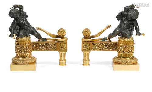 19th century A pair of Louis XVI style patinated and gilt bronze figural chenets