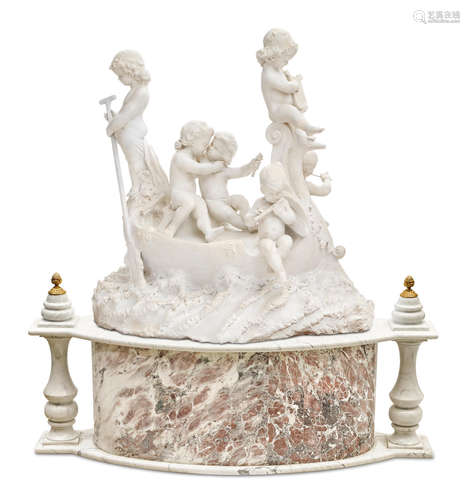 Late 19th century An Italian carved marble figural group of children in a swan form boat