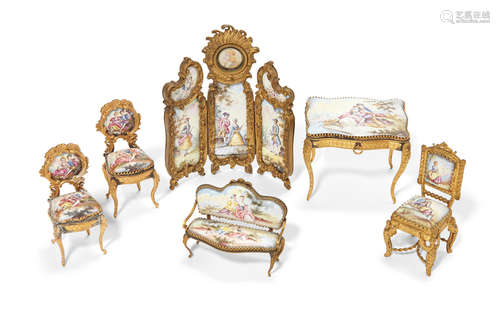 First half 20th century A collection of six Austrian gilt brass mounted enamel miniature seat furniture