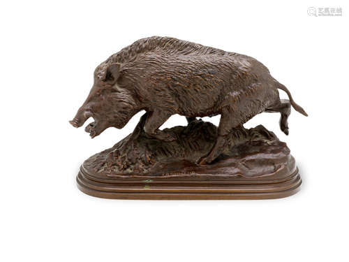 Isidore Jules Bonheur (1827 - 1901)Incised i.BONHEUR., impressed Peyrol Foundry. height 7 1/2 (19cm)  A French patinated bronze figure: Running Boar