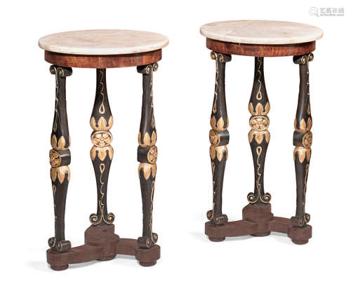 19th century A pair of Continental Neoclassical style parcel gilt and painted bronze and mahogany onyx top stands