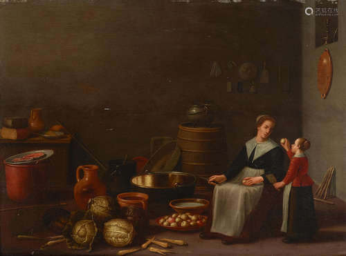 A scullery maid and child in a kitchen interior 18 x 25 1/2in (45.9 x 64.9cm) Dutch School19th Century