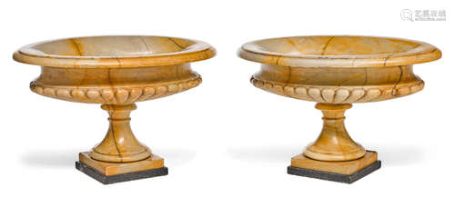 A pair of Neoclassical style gadrooned sienna marble urns