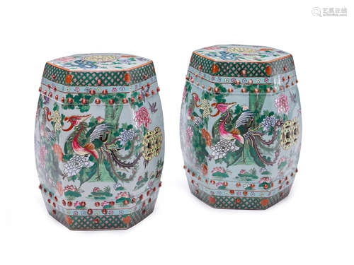 20th century A pair of Chinese polychrome decorated porcelain hexagonal garden seats