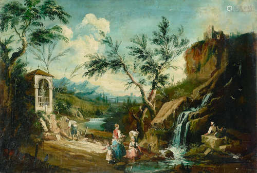 An extensive landscape with figures by a rushing stream 38 1/2 x 57in (97.9 x 144.8cm) Attributed to Antonio Diziani(Venice 1738-1797)