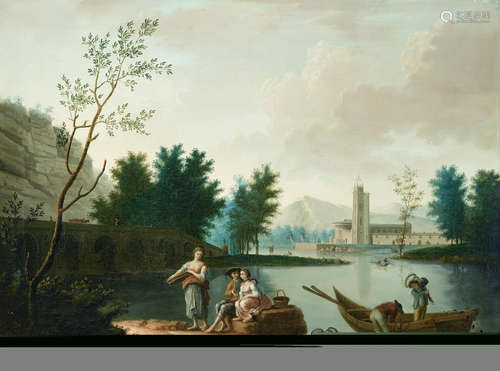 Fisherfolk on the banks of a river 35 1/2 x 47in (92.7 x 119.4cm) Manner of Giovanni Battista Cimaroli