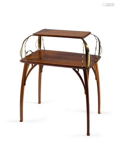 Attributed to Léon Benouville (1821-1859) Circa 1900 A French Art Nouveau mahogany, marquetry inlaid and brass étagère