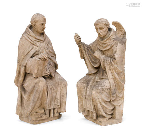 19th century A pair of Continental carved cast stone figures of a saint and an angel