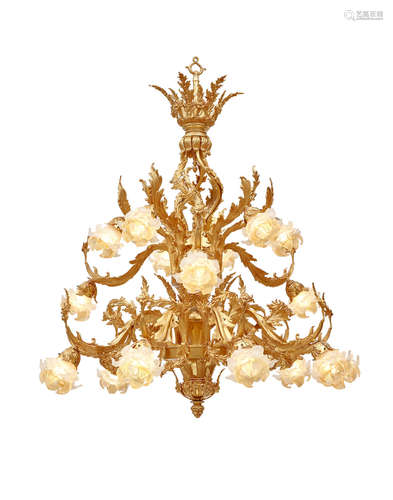 Late 20th Century A Louis XV style gilt bronze and frosted glass eighteen light chandelier