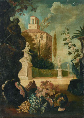 A garden view with a peacock, turkey and an array of fruit in the foreground; also a companion painting (a pair)  each 31 1/4 x 22 1/2in (79.4 x 57.2cm) Follower of Christian Berentz(Hamburg 1658-1722 Rome)