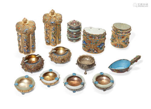 A group of four Chinese silver gilt filigree hardstone and enamel boxes and six ashtrays