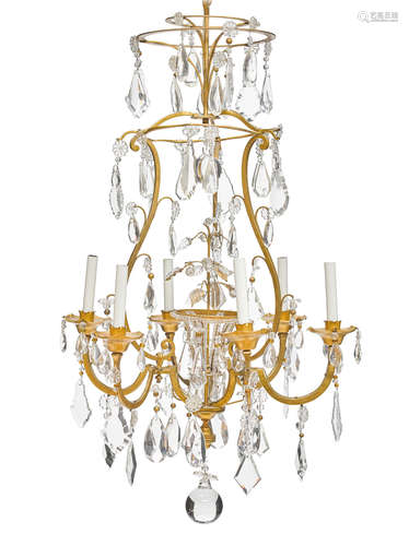 20th century A gilt bronze and cut glass six light chandelier