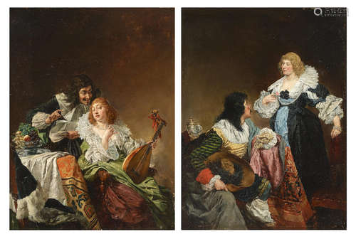 Cavaliers courting young maidens (a pair) each 16 x 12in (40.6 x 30.5cm) German School19th Century