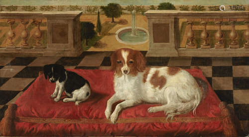 Spaniels on a garden terrace before a fountain 19 3/4 x 35 1/2in (50.2 x 90.2cm) Continental School18th/19th Century)