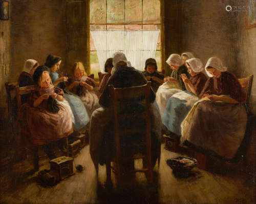 A knitting circle 20 x 25 3/4in (51 x 65.5cm) Wally(Walburga Wilhelmina) Moes (Dutch, 1856-1918)