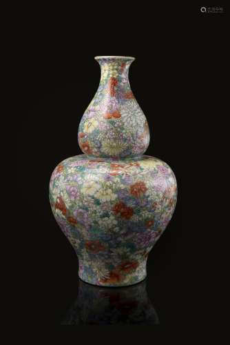 A millefleurs vase, of double gourd form, with an apocryphal Qianlong mark to the base (defects)