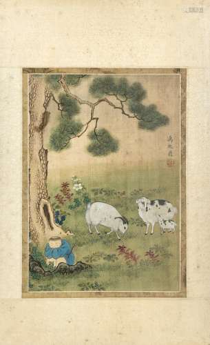 A painting depicting a shepherd boy with goats, with calligraphy and seals, ink and colours on