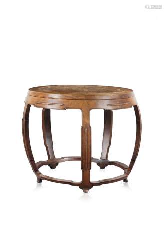 Round drum-shaped rosewood side table with inlaid burl wood top (slight defects)China, 20th