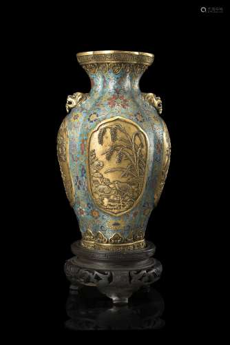 A cloisonnè enamel lobed vase, decorated with gilt bronze panels alternating qualis amongst millet