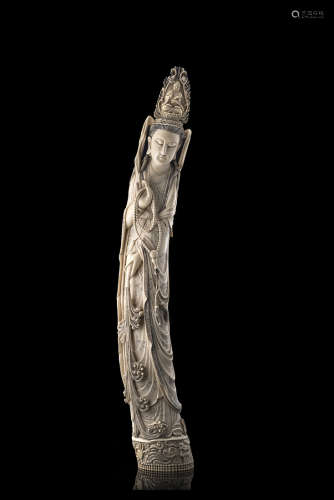 An ivory model of Guanyin with an apocryphal mark to the base (defects)China, early 20th century(