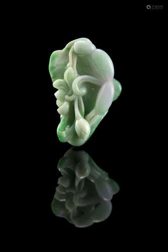 A small apple-green jadeite carving of fruits and flowers on lotus leavesChina, 19th century(l. 5.