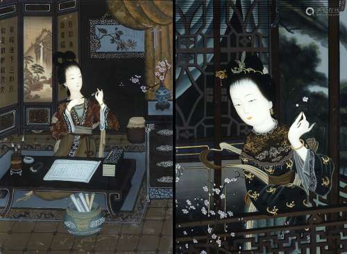A pair of reverse glass paintings depicting elegant ladies in interior scenes, framedChina, early