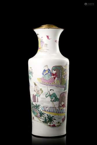 A Famille Rose porcelain vase mounted as a lamp, decorated with figures (defects)China, 18th/19th