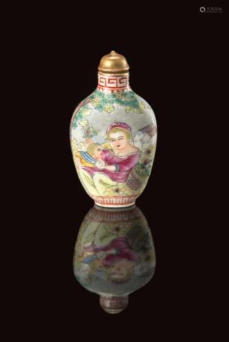 A porcelain snuff-bottle decorated with European figures and calligraphy in polychrome enamels, with