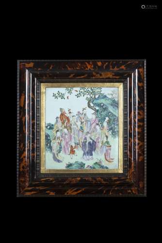 A porcelain plaque decorated in polychrome enamels with the Daoist Immortals, decorated to the back,