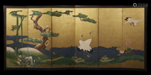 A six-fold screen, ink and colours on a gilt ground, decorated with cranes, prunus and bamboo,