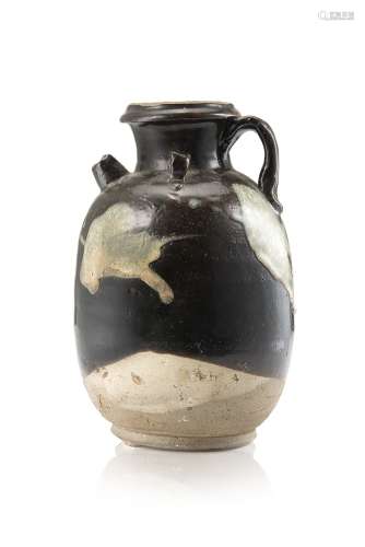 A splash-glazed stoneware ewer covered in a black-coloured glazed decorated with phosphatic splashes