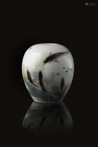 A small globular vase decorated with three fish, calligraphy and sealsChina, Republic period (1912-