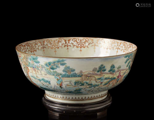 A Chinese export porcelain Famille Rose bowl decorated with a hunting scene wood base (defects and