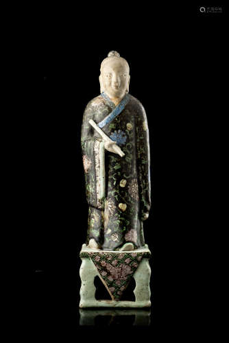 A Famille Verte enamelled biscuit figure (restorations)China, Qing dynasty, Kangxi period (1662-