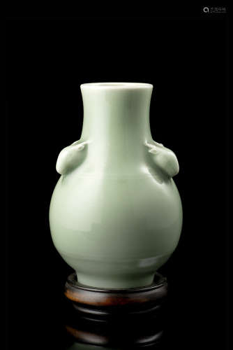 A celadon-glazed hu vase, with four mutton head-handles, with apocryphal Yongzheng markChina, 19th