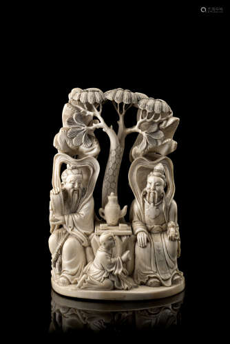An ivory group depicting sages drinking tea, mark to the base (defects and restorations)China, early
