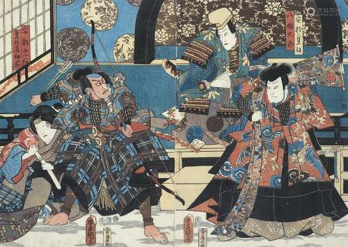 Two woodblock prints depicting theatre scenes comprising tryptich, signed Kuniyoshi, mounted and