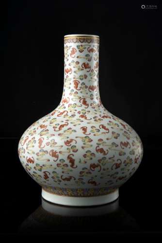 A Famille Rose 'hundred bats' bottle vase, enamelled throughout with numerous iron-red bats in
