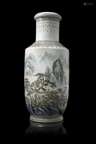 An en-grisaille and polychrome enamels porcelain vase, with a cylindrical body, decorated with a