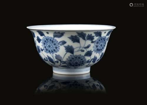 A small blue and white bowl decorated with lotus flowers, apocryphal Wanli mark to the baseChina,