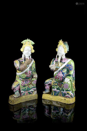 A pair of armed warrior in biscuit decorated with polychrome enamels (restorations)China, Qing
