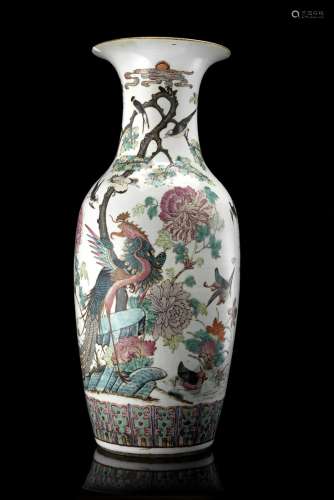 A Famille Rose baluster vase decorated with birds amongst flowering branches (losses)China, early