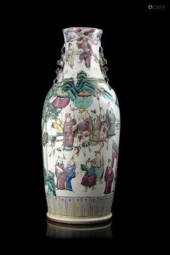 A Famille Rose vase decorated with a battle scene, mounted as a lampChina, 19th century(h. tot 62