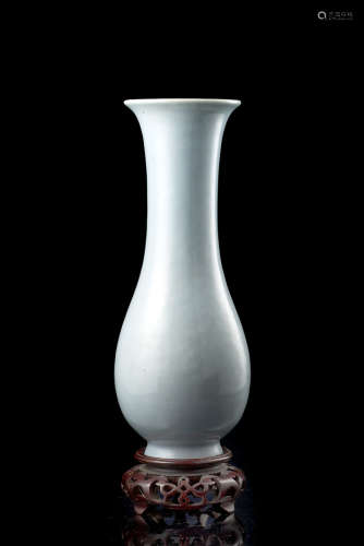 A clair-de-lune -glaze beaker vase, with an apocryphal Yongzheng mark to the base, wood baseChina,