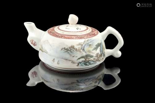 A teapot and cover decorated with a landscape scene and calligraphy linesChina, 20th century(l.